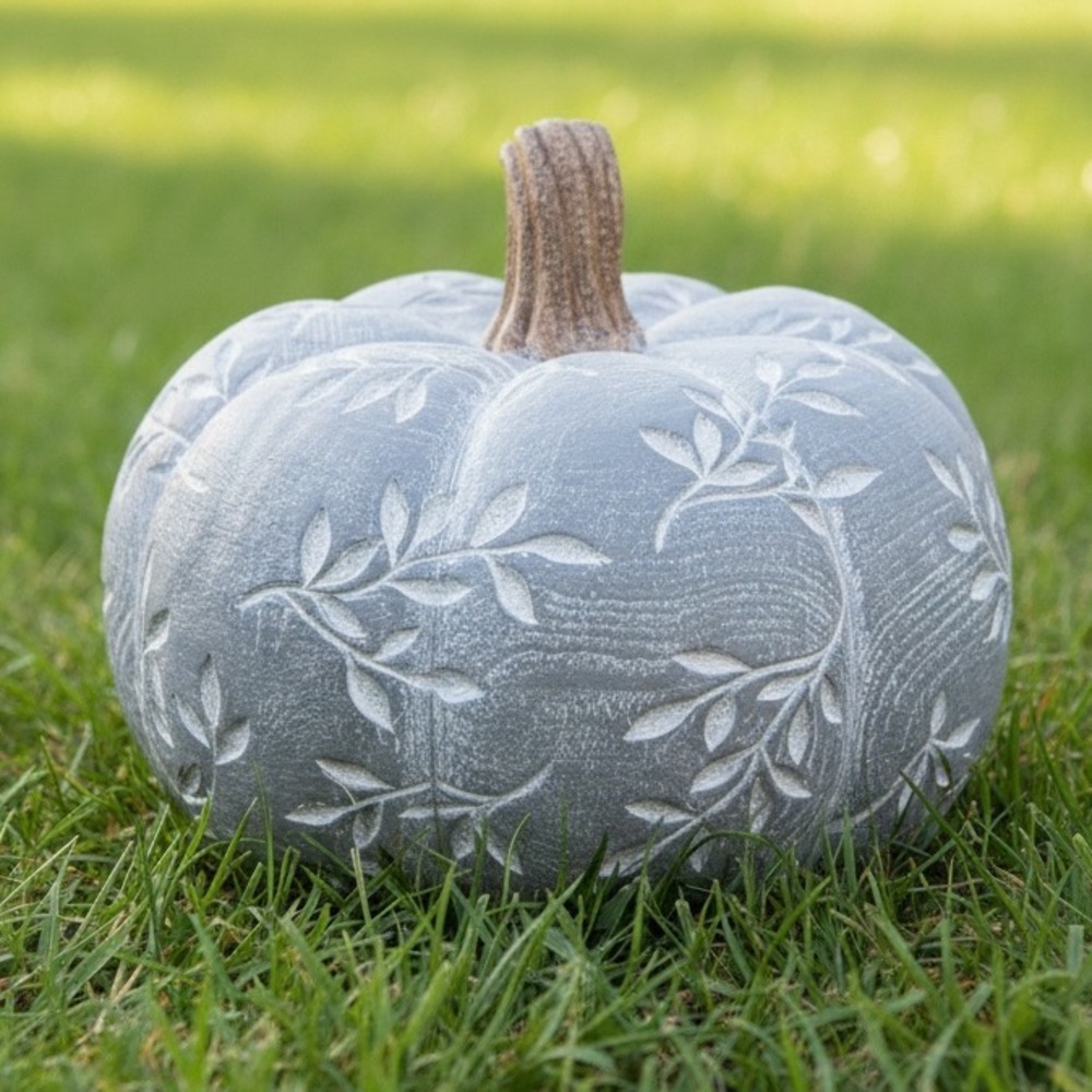Gray Textured Pumpkin Decor with Vine Detail and Brown Stem for Autumn & Fall 6"